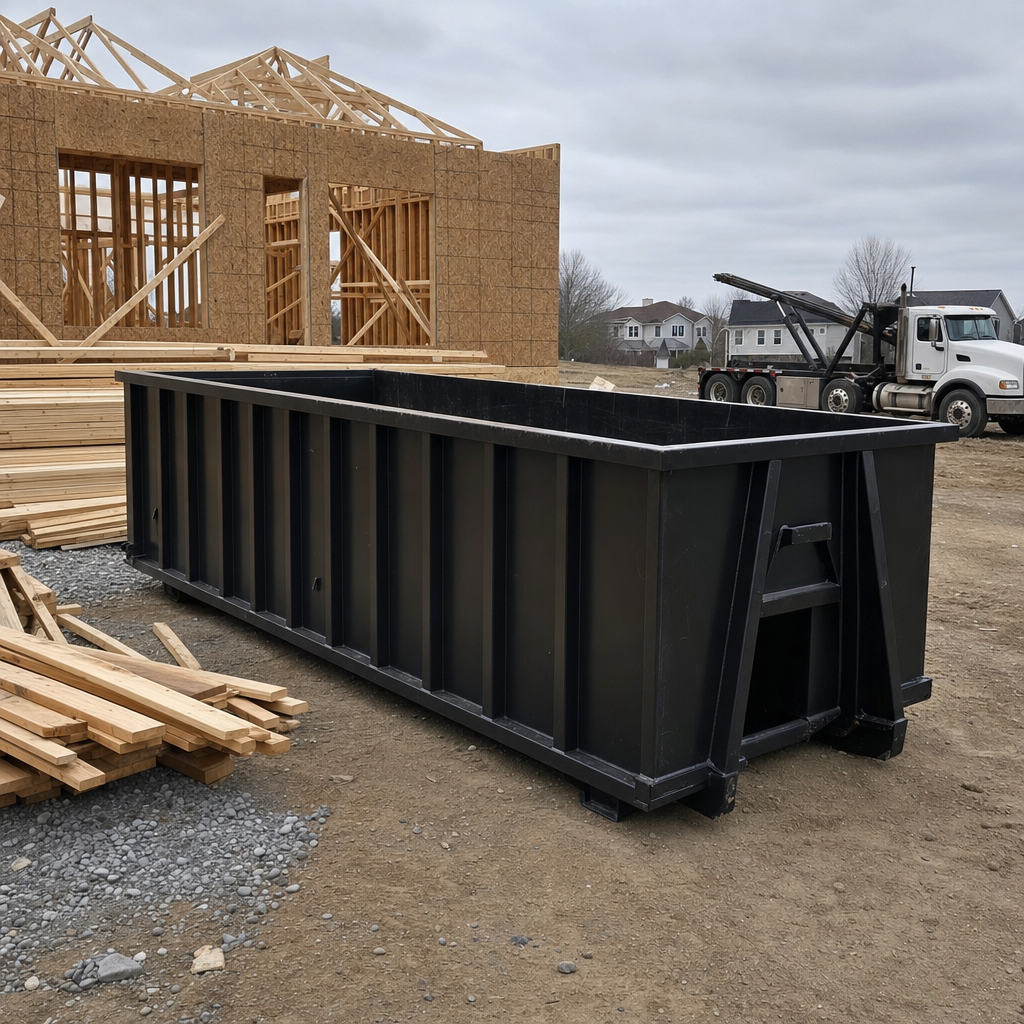 Matte-black 40-yard roll-off dumpster staged on a framed-out residential construction site in Chattanooga, framing lumber stacked nearby, hooklift delivery truck visible in the background under bright Colorado daylight