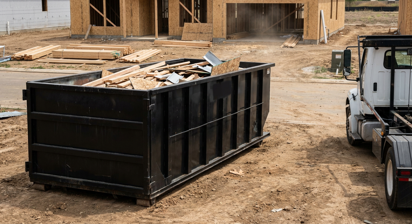Matte-black 20-yard roll-off construction dumpster with heavy ribbed steel sidewalls and swing rear doors at a working jobsite in Chattanooga, sitting directly on compacted dirt with an unmarked white hauler partially visible at the far edge of the frame.
