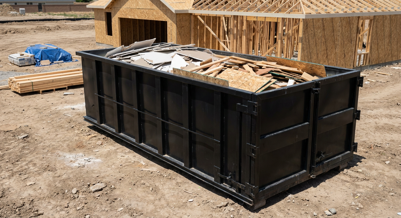 Matte-black 30-yard roll-off construction dumpster sitting directly on the compacted-dirt site of a framed single-family home build in Chattanooga, drywall and lumber scrap loaded inside.
