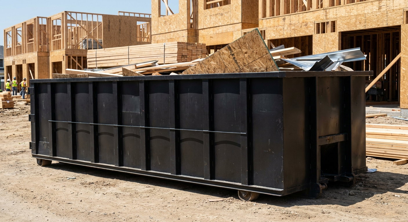 Matte-black 40-yard roll-off construction dumpster being lowered from a white-cab hooklift delivery truck onto the compacted-dirt jobsite at a commercial build site in Chattanooga