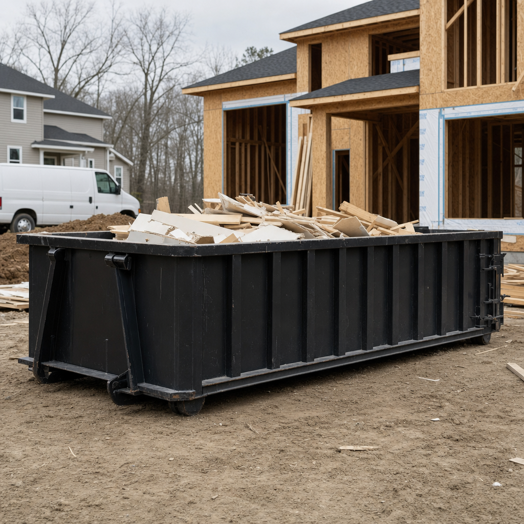 Worker in a yellow high-visibility vest tossing framing lumber and broken drywall into a matte-black 30-yard construction roll-off dumpster on an active build site in Chattanooga, bright daylight