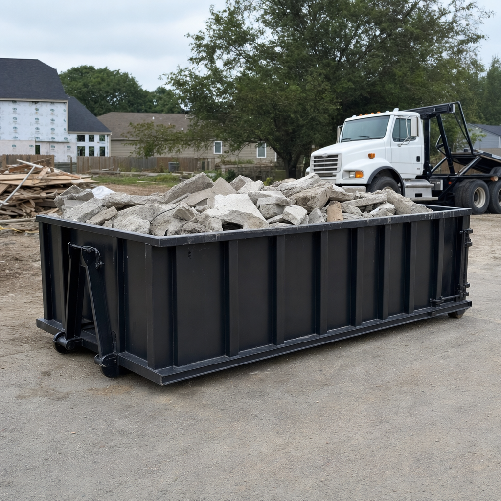 Low-profile matte-black lowboy roll-off dumpster loaded with broken concrete slab and rebar at a foundation tear-out in Chattanooga, skid steer parked beside it, sunny Colorado morning