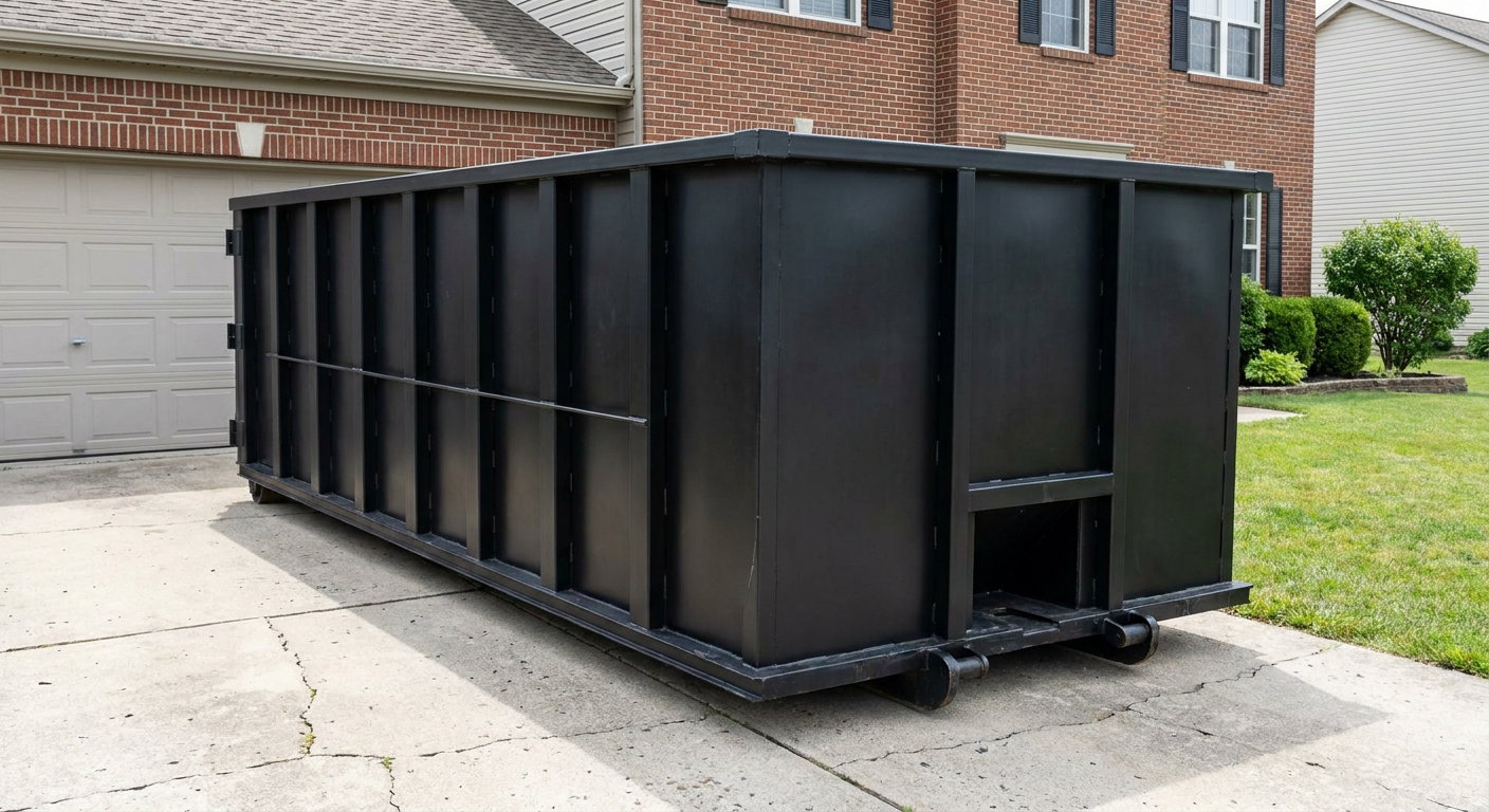 Matte-black 20-yard roll-off container on a Chattanooga residential concrete driveway with reinforced ribbed steel sidewalls and a hinged rear walk-in door, clean bright daylight.