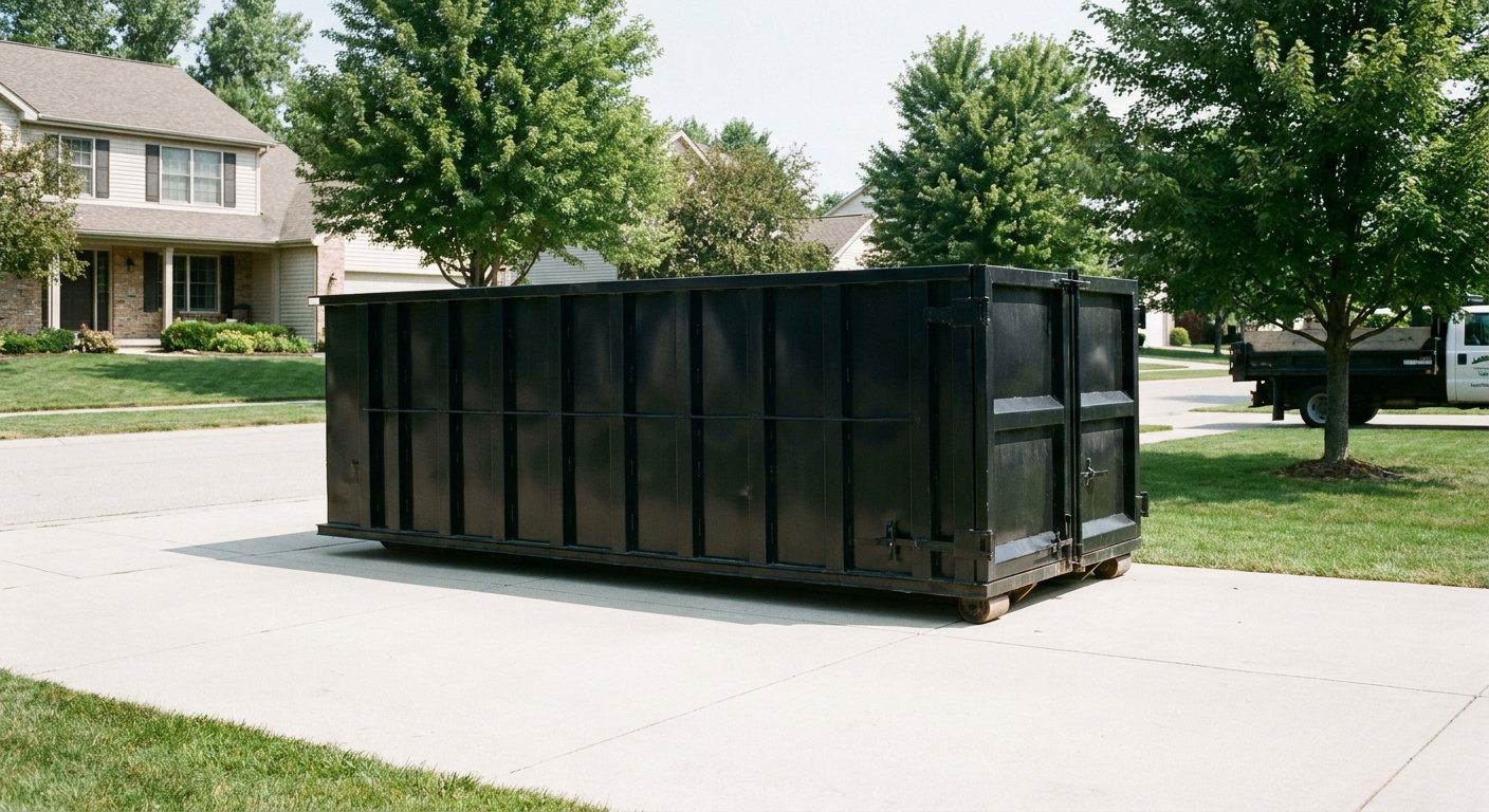 Matte-black 20-yard roll-off dumpster sitting level on a clean Chattanooga residential concrete driveway under bright daylight, demonstrating clean placement directly on the concrete.