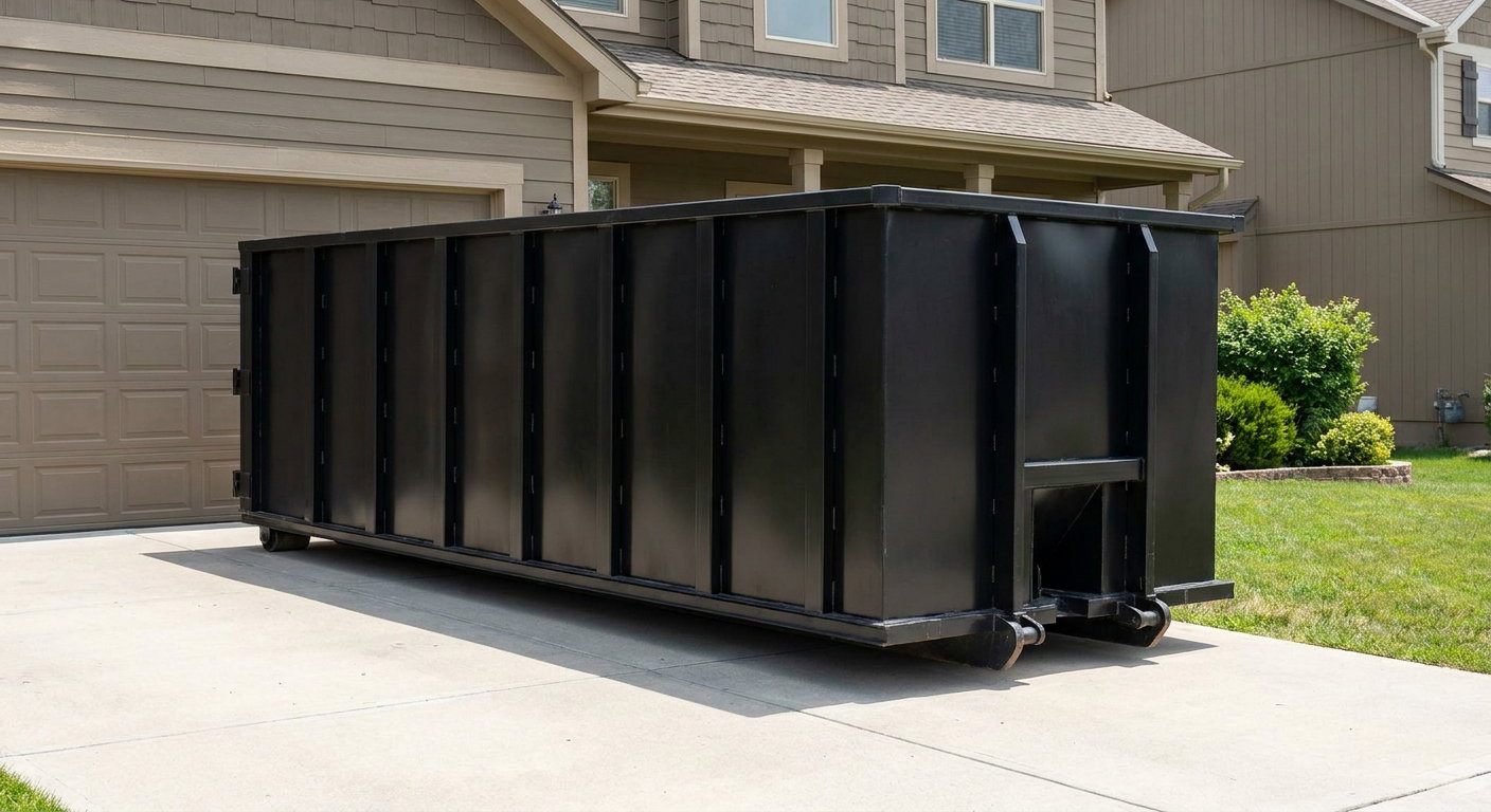 Matte-black residential roll-off dumpster sitting directly on a suburban Chattanooga concrete driveway, garage door closed, single-family home in background, bright morning daylight.