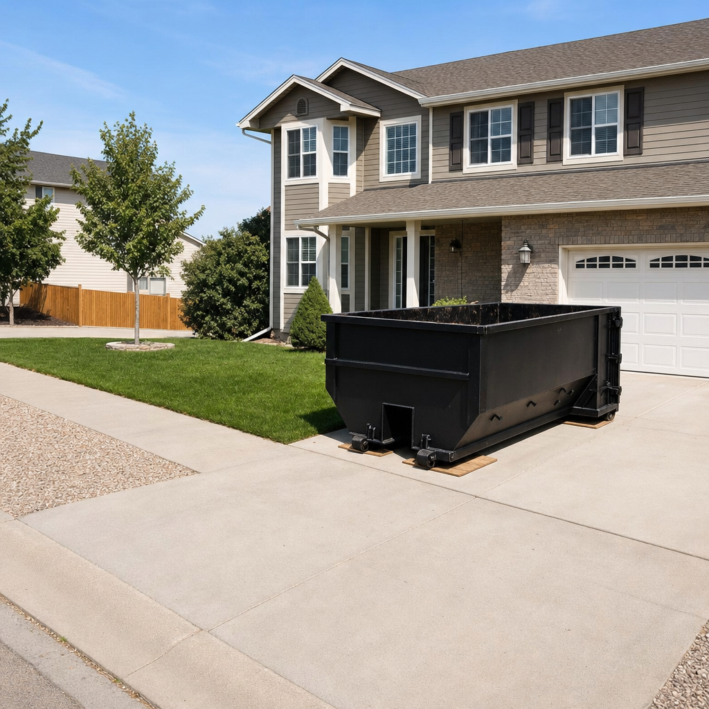 10-yard matte-black residential dumpster placed directly on a narrow Chattanooga concrete driveway, room remains for a parked sedan beside it, mid-morning natural light