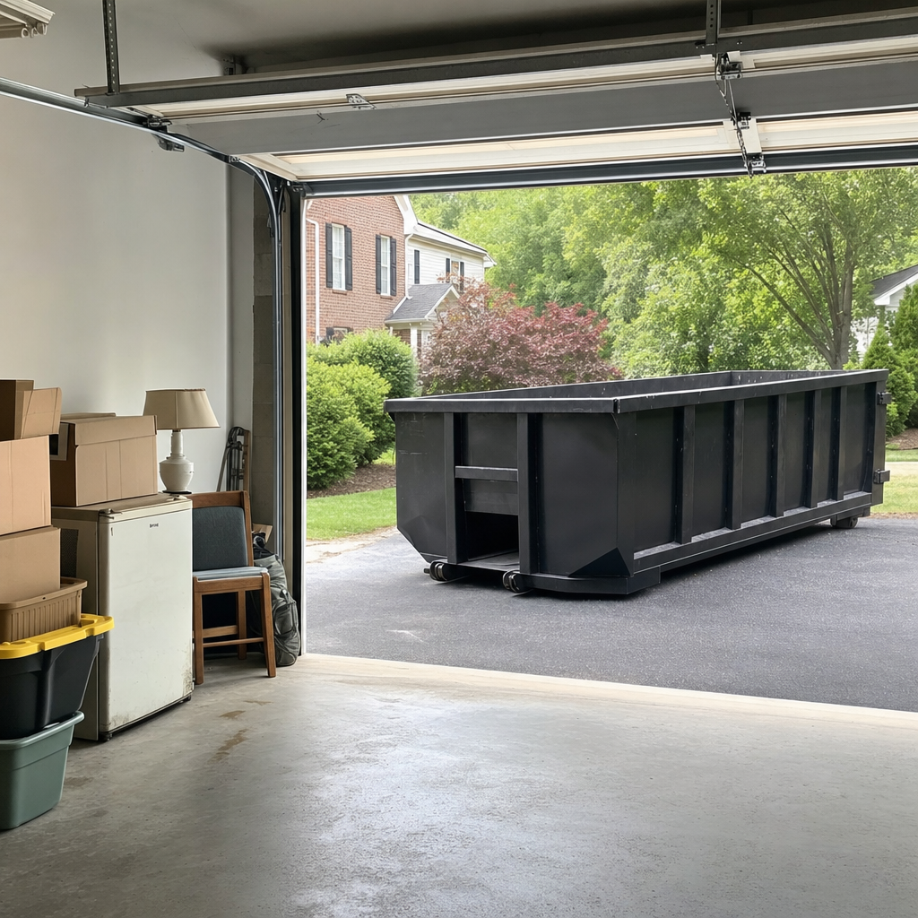Open garage interior in a Chattanooga home mid-cleanout — boxed items, an old appliance, and stacked yard tools queued near the driveway for a matte-black roll-off dumpster, organized and calm