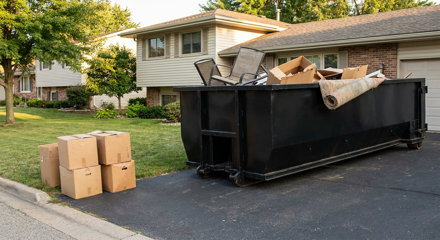 Front-yard view of a Chattanooga split-level home with a 20-yard matte-black roll-off dumpster sitting directly on the asphalt driveway, a few clearly labeled donation boxes staged at the curb, calm sunny afternoon.