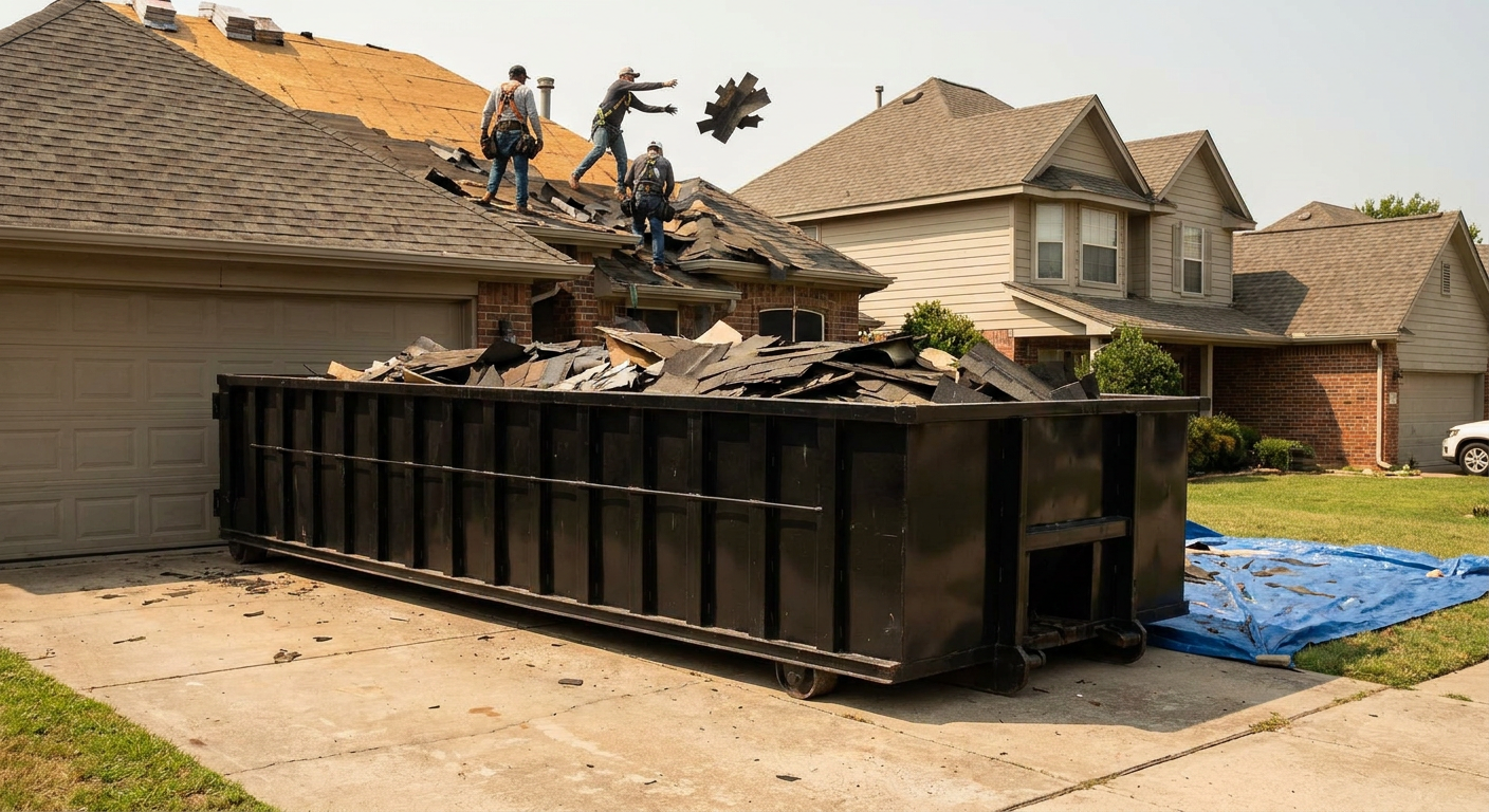 Matte-black roofing roll-off dumpster placed directly on a Chattanooga residential concrete driveway, a tear-off crew on a two-story asphalt-shingle roof tossing shingle bundles into the low-walled container, bright daylight, documentary 35mm perspective.