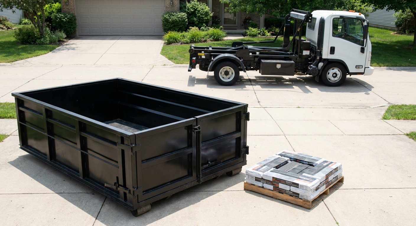 Matte-black 15-yard roofing roll-off dumpster with reinforced low side walls sitting directly on a Chattanooga residential concrete driveway, three-tab asphalt shingle bundles stacked nearby, an unmarked white hauler truck partially visible at the edge of the frame.