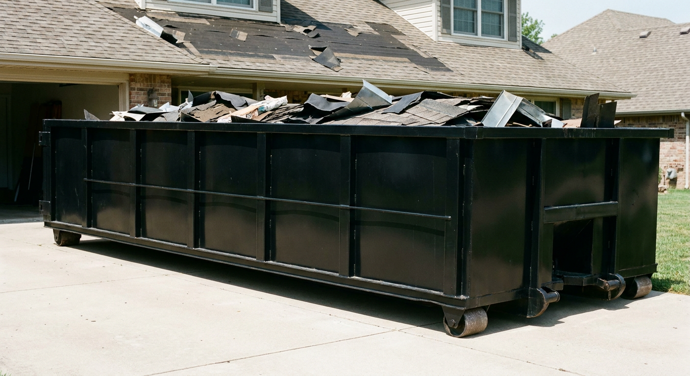 Matte-black 20-yard roofing roll-off dumpster with steel ribbed sides and swinging rear door, sitting directly on the concrete driveway of a two-story Chattanooga home, asphalt shingle debris being loaded over the low wall, clean documentary lighting.