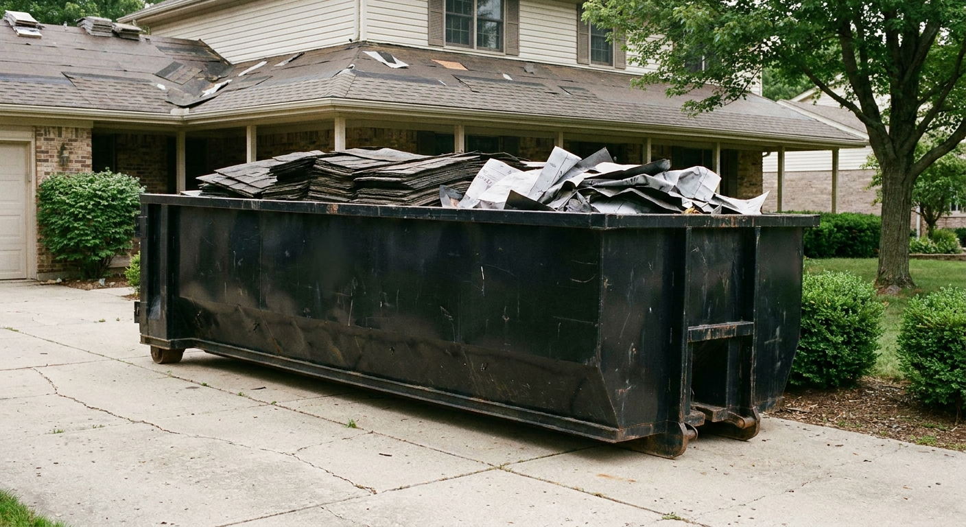 Matte-black 30-yard roofing roll-off dumpster sitting directly on a Chattanooga concrete driveway, taller ribbed steel side panels, mixed tear-off debris of asphalt shingles and underlayment inside, professional documentary daylight.