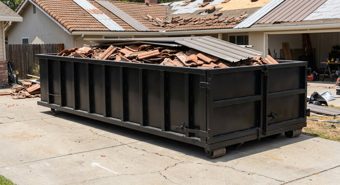 Matte-black low-wall heavy-debris roofing roll-off dumpster sitting directly on a Chattanooga concrete driveway, broken concrete clay roof tiles and metal panel sections loaded inside, reinforced ribbed steel side walls visible, bright outdoor daylight.
