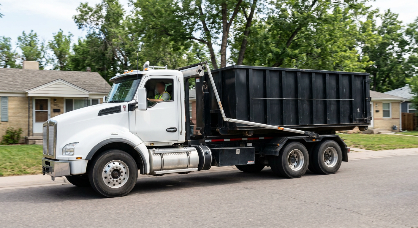 A wide documentary shot of a matte-black roll-off delivery truck pulling onto a quiet Chattanooga residential street at mid-morning, with neighborhood rooftops and tree-lined blocks visible behind, showing the metro coverage footprint.