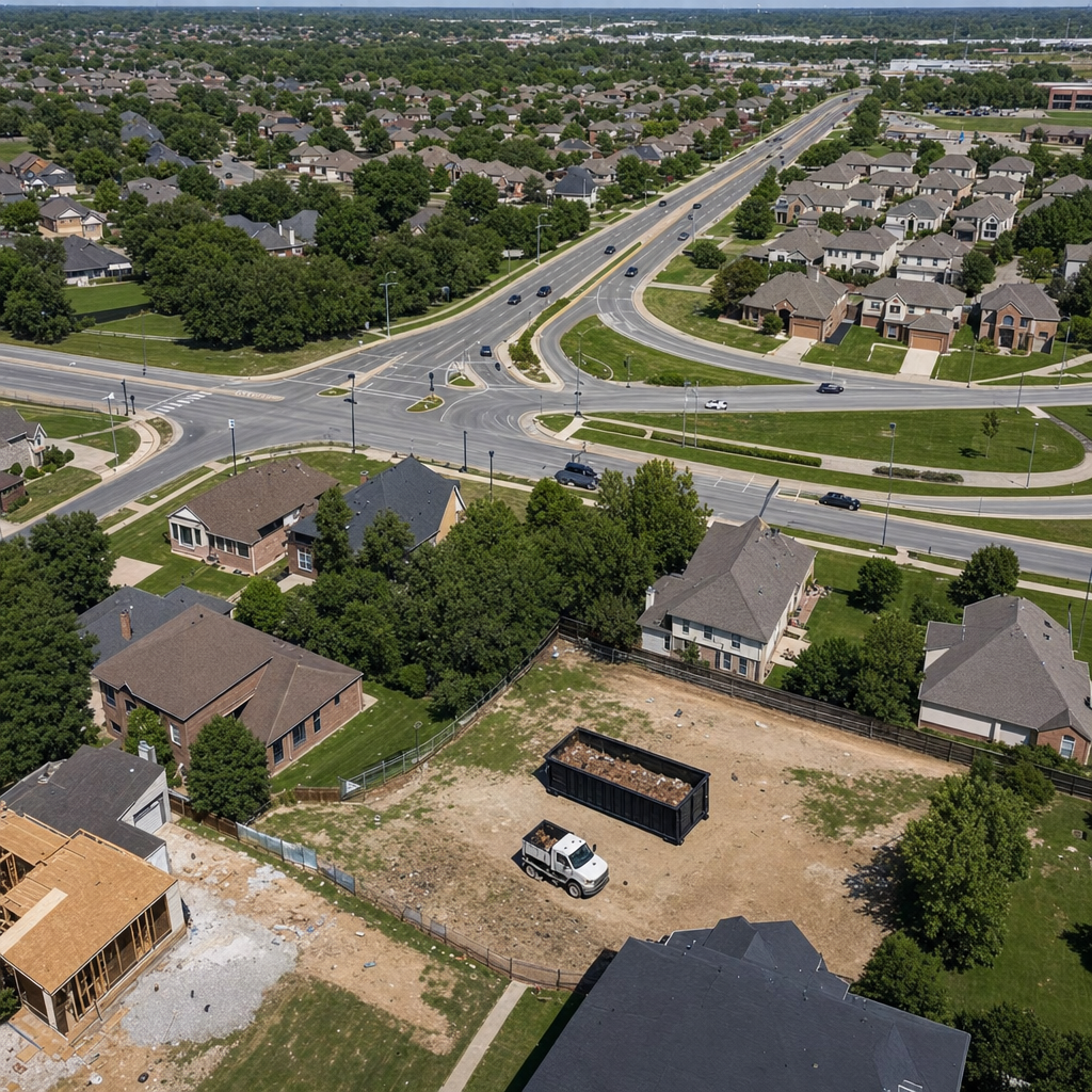 An overhead documentary view of the Chattanooga metro area at midday, showing the spread of neighborhoods, arterial roads, and the dispatch radius from a central yard — clean daylight, organized geographic layout.