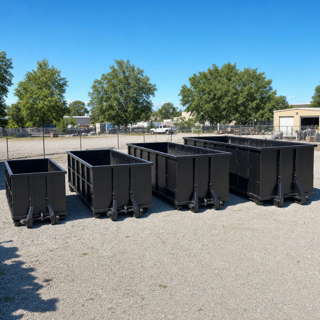 A clean lineup of matte-black roll-off dumpsters in 10, 20, 30, and 40-yard sizes staged on a sunlit gravel yard in Chattanooga, showing the size progression from compact to commercial-scale containers.