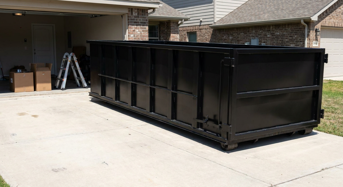 A matte-black 10-yard roll-off dumpster sitting directly on a residential Chattanooga concrete driveway, mid-day sunlight, clean and ready for a garage cleanout.