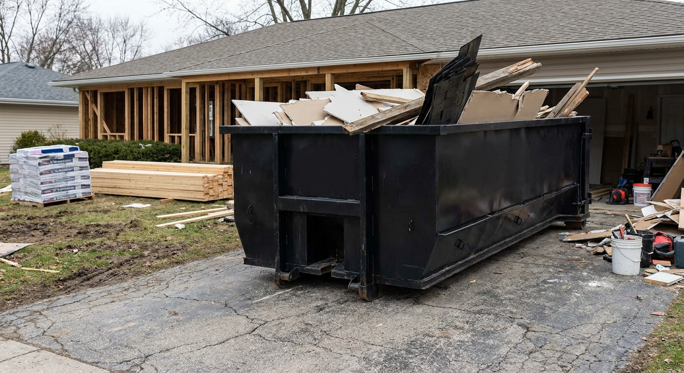 A matte-black 20-yard roll-off dumpster placed alongside a mid-renovation Chattanooga home directly on the asphalt driveway, with framing materials and torn-off shingles staged neatly nearby.