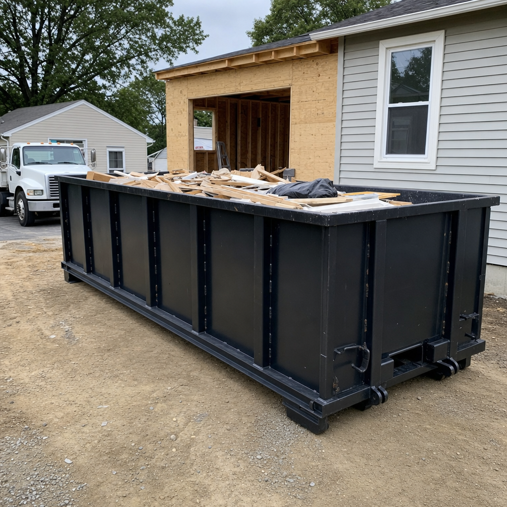 A matte-black 30-yard roll-off dumpster positioned at a Chattanooga residential addition jobsite, with framing lumber and drywall scraps loaded through the open swinging rear doors.