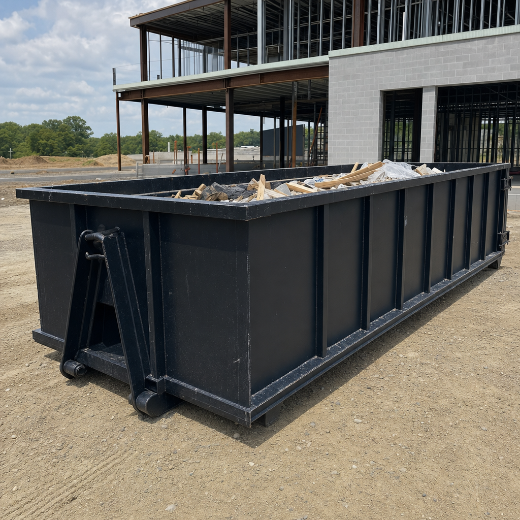 A matte-black 40-yard roll-off dumpster staged on a large Chattanooga commercial construction lot, with a hooklift delivery truck parked alongside under bright midday sky.
