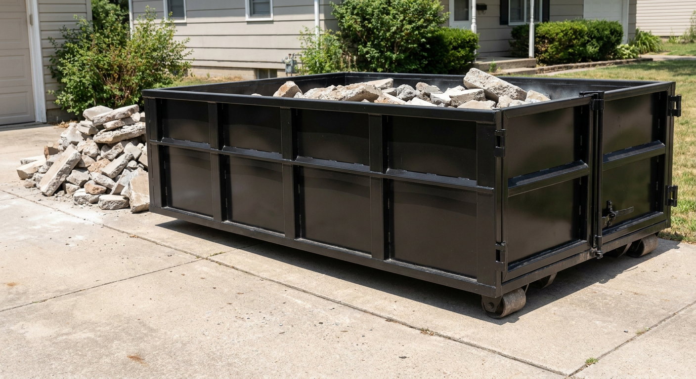 A matte-black low-side heavy-debris roll-off dumpster placed directly on a Chattanooga concrete driveway, with broken concrete chunks neatly stacked beside it under clean daylight.